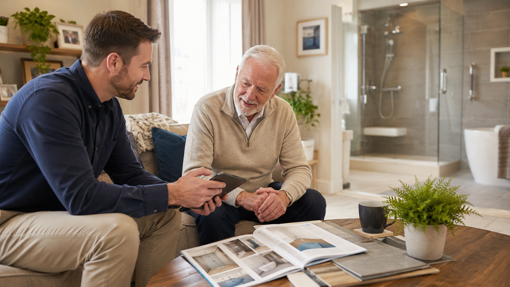 Two men review design plans at a coffee table in a bright living room.