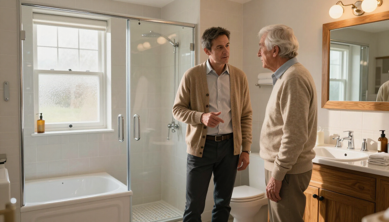 Two men talking in a bright bathroom with a glass shower, bathtub, and vanity sink.