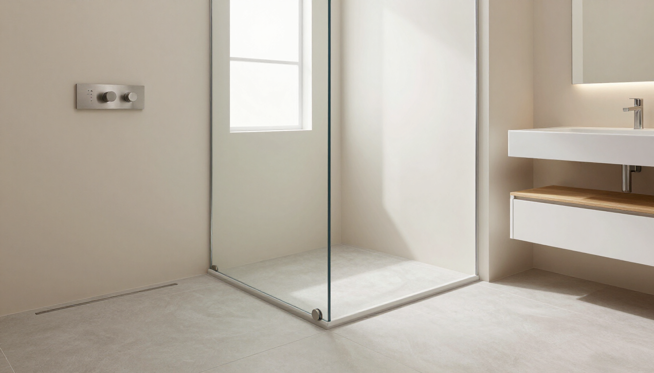 Minimal bathroom with glass shower enclosure, floating sink, and light beige walls and floor.