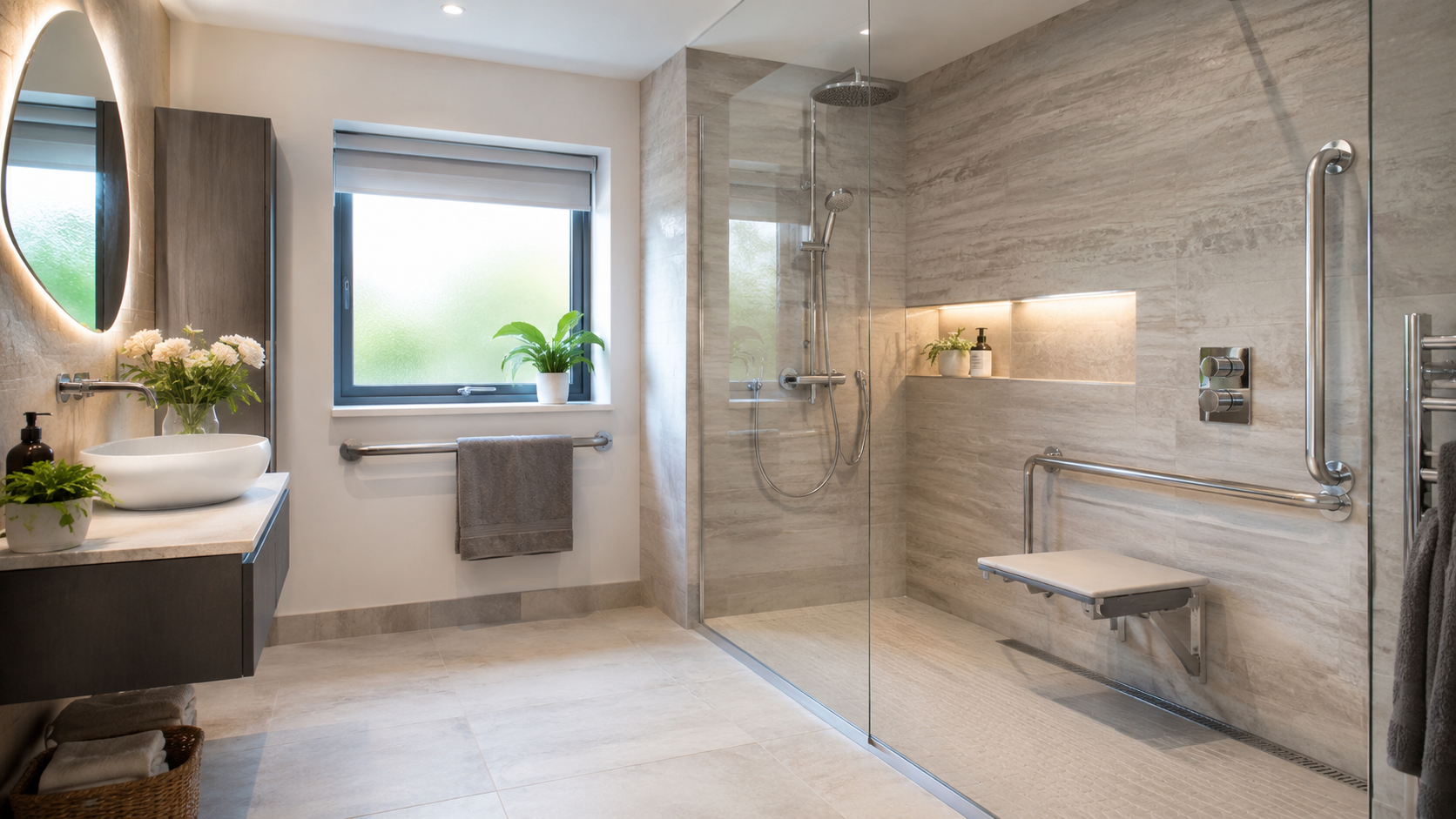 Modern walk-in bathroom with glass shower, floating sink, and neutral tile walls