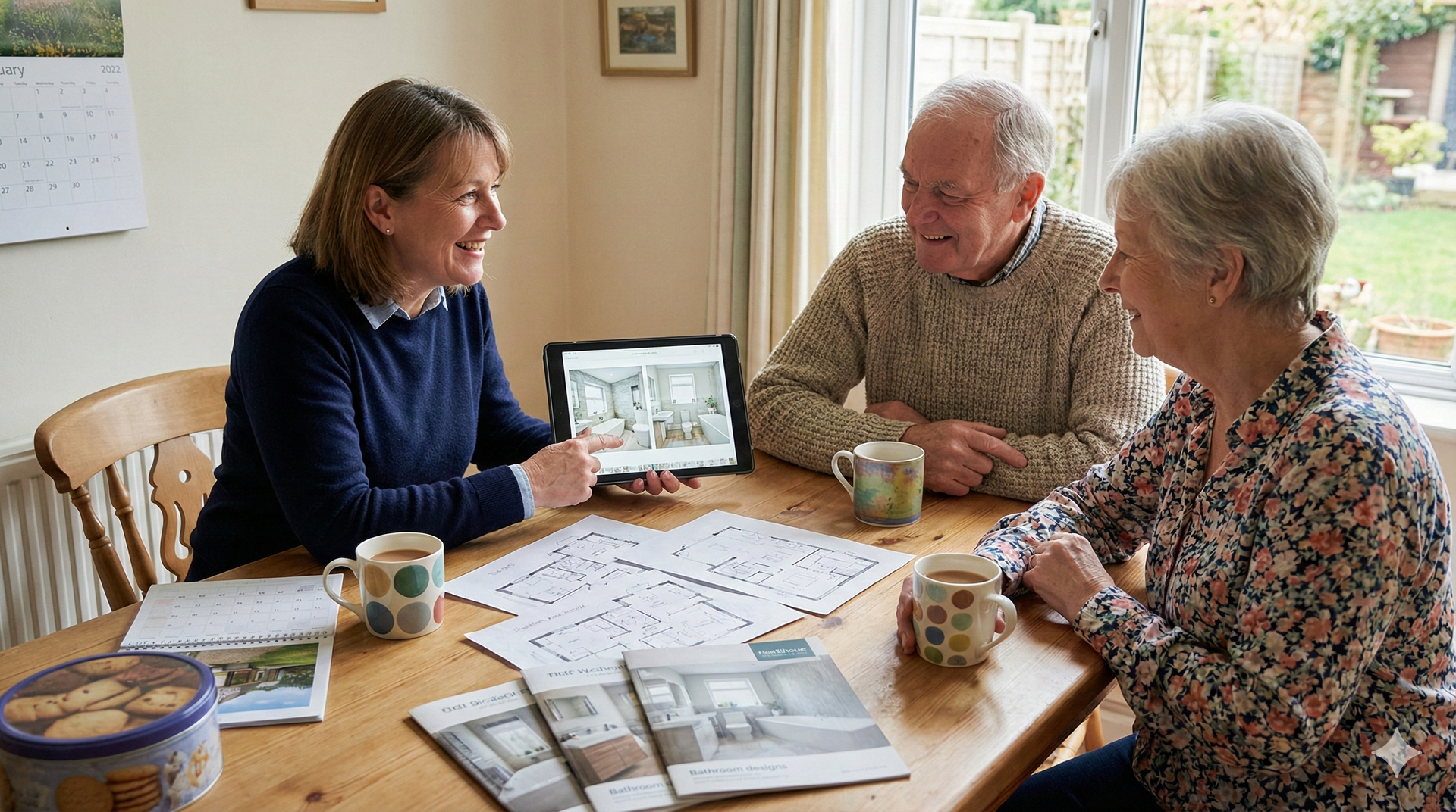 Woman showing a tablet to a couple at a table. They are looking at papers and smiling.