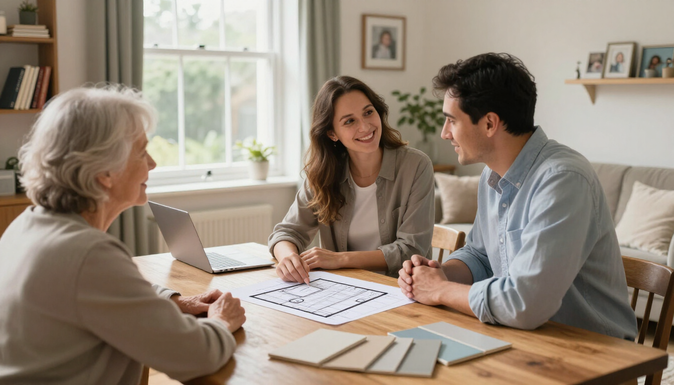 Three people reviewing documents at a table in a bright home office