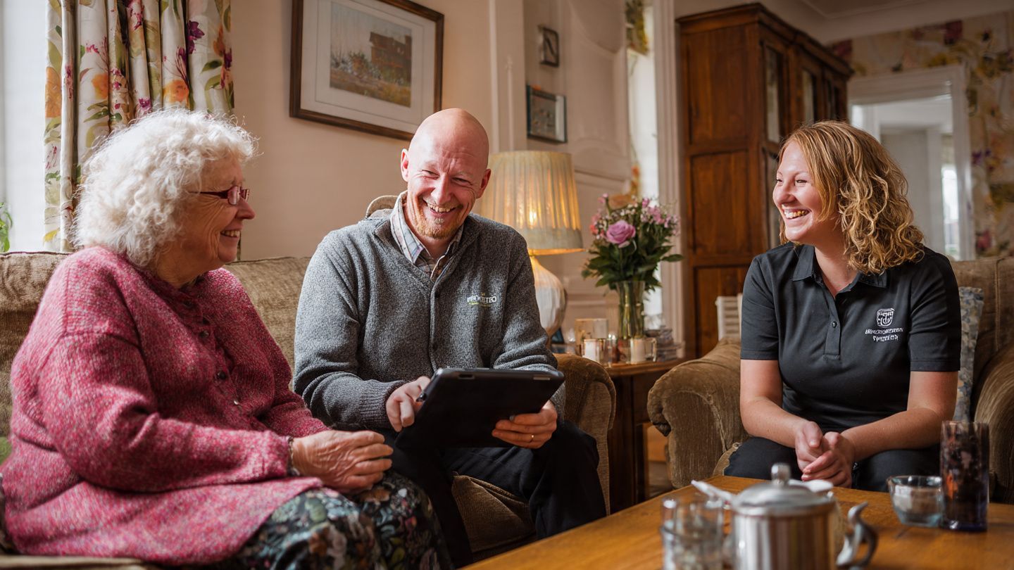 Three people sit together in a living room, smiling and looking at a tablet held by the person in the middle.