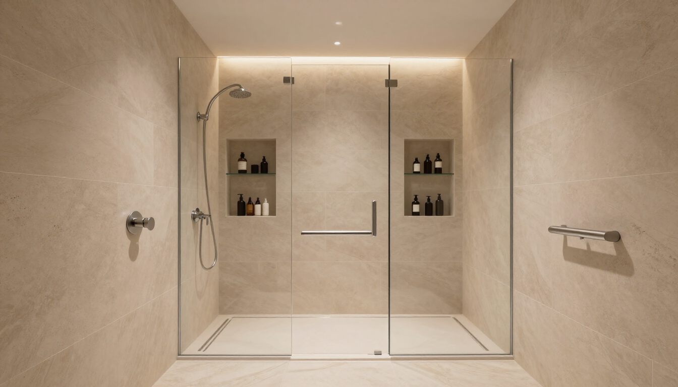 Modern beige tiled walk-in shower with glass enclosure and built-in wall niches.