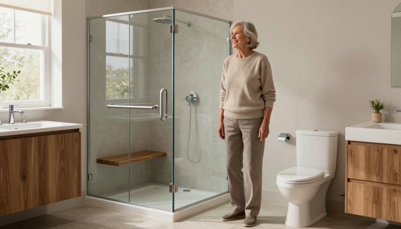 Elderly person stands beside a glass walk-in shower in a bright modern bathroom.