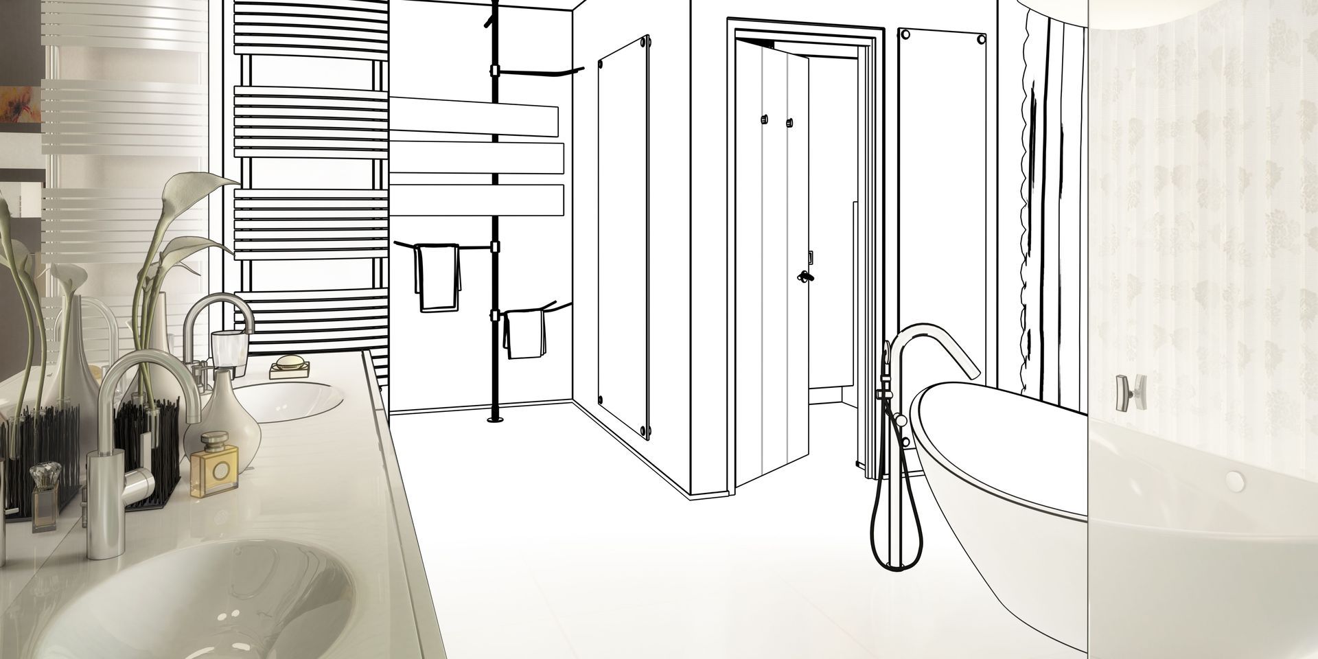 Bathroom with sink, bathtub, and shower. Half is a design sketch, the other half is the finished room.