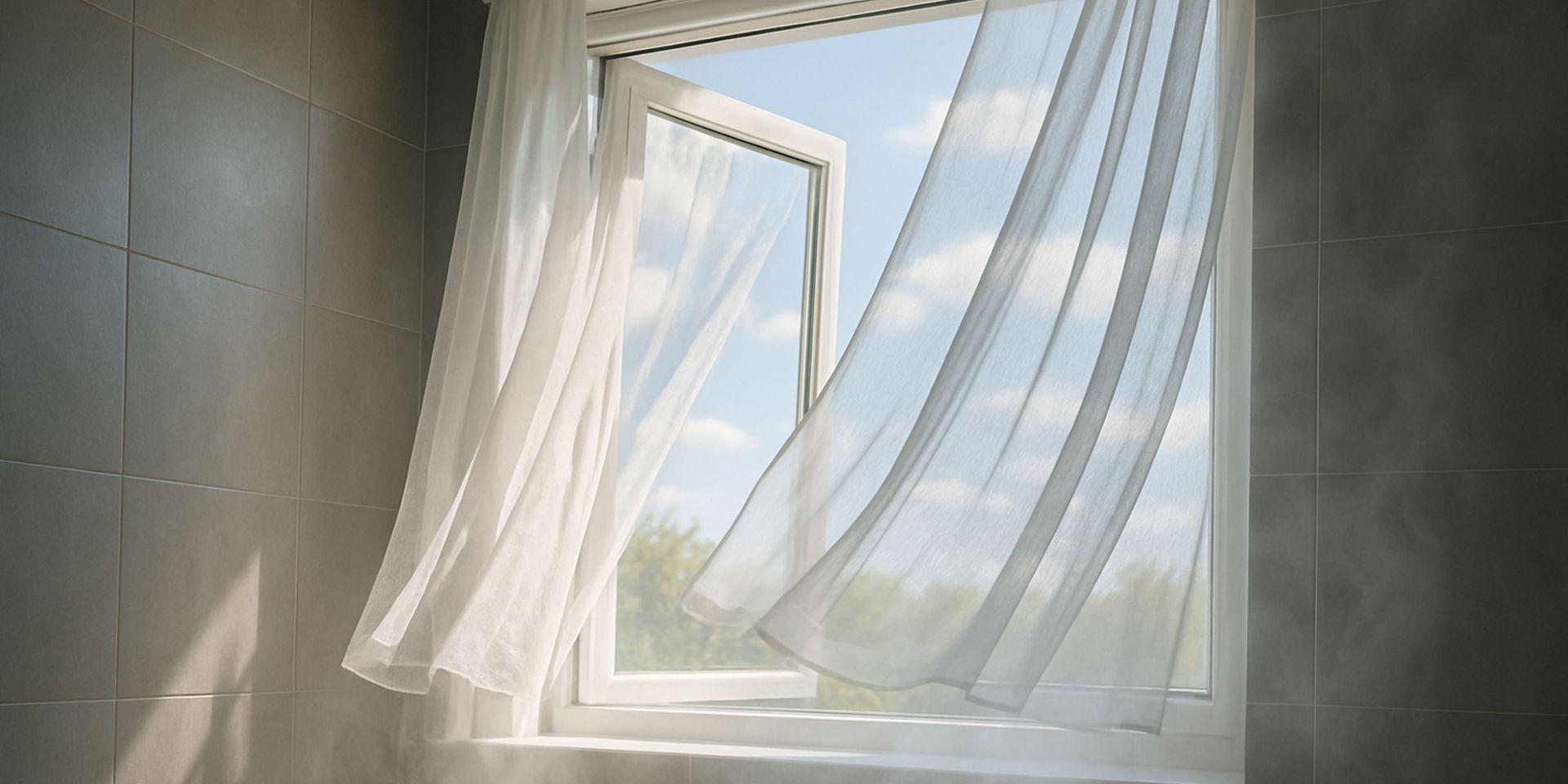 A bathroom window with white curtains blowing in the wind.