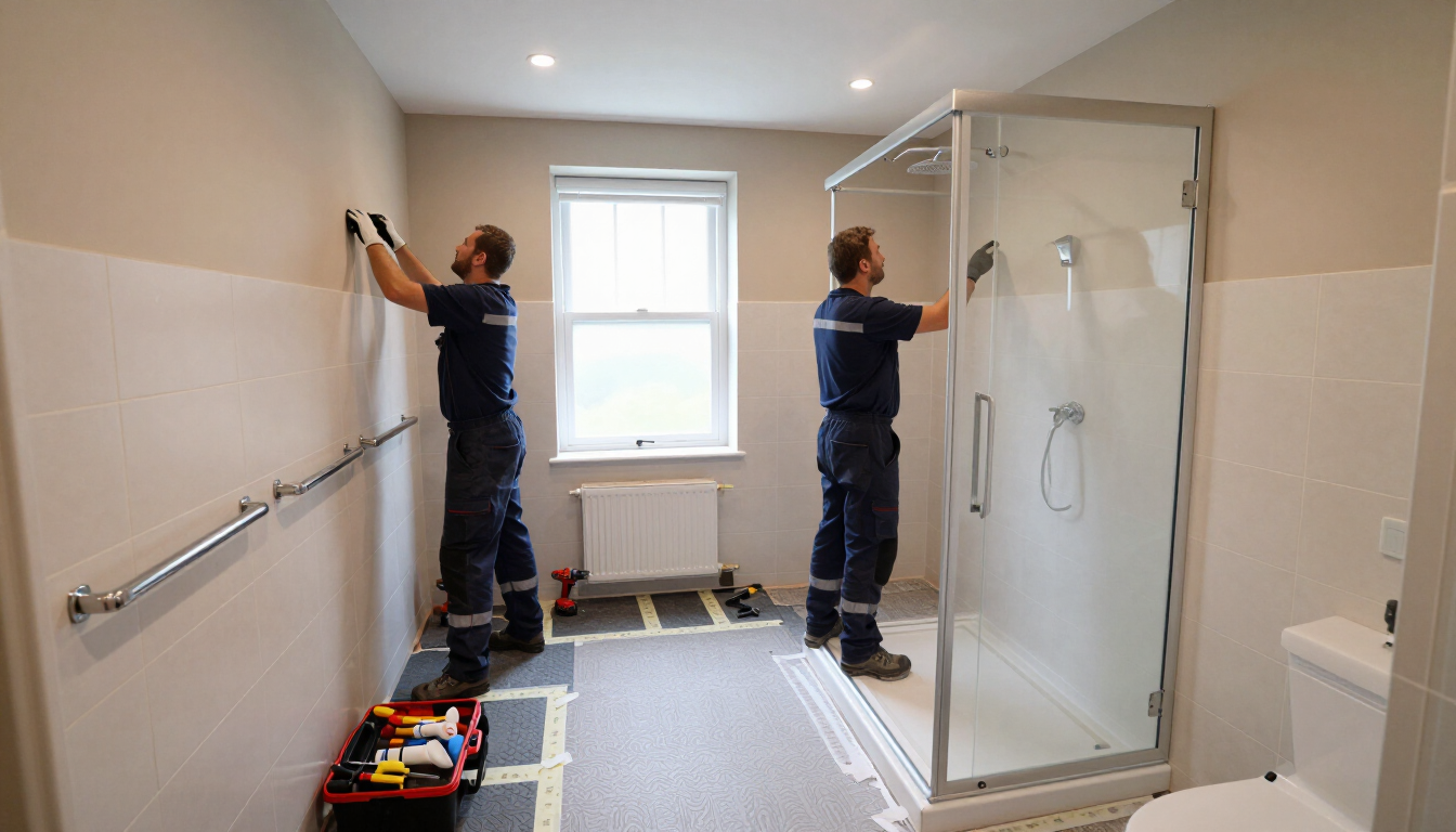 Two workers installing bathroom walls and fixtures in a bright, unfinished room