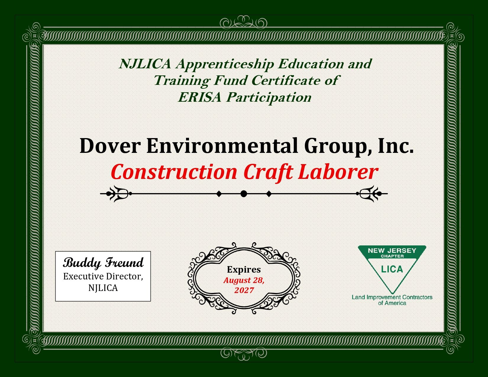 Certification card for Dover Environmental Group, Inc. Construction Craft Laborer, green border and logos