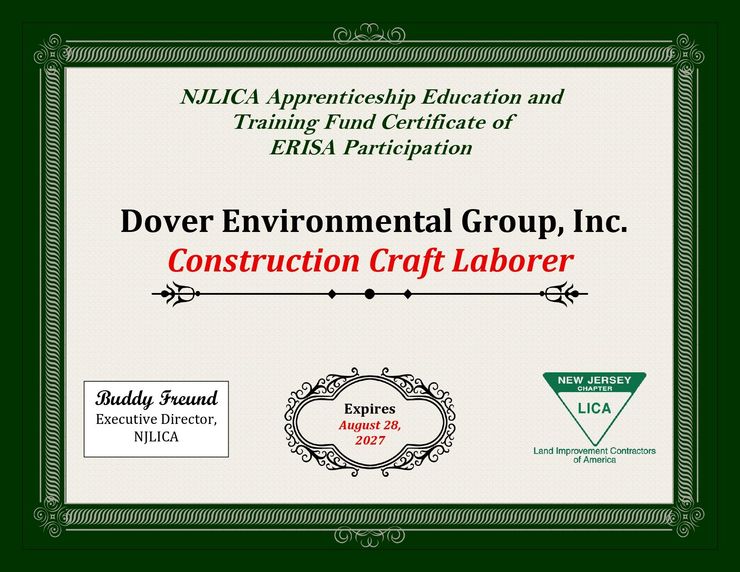 Certification card for Dover Environmental Group, Inc. Construction Craft Laborer, green border and logos