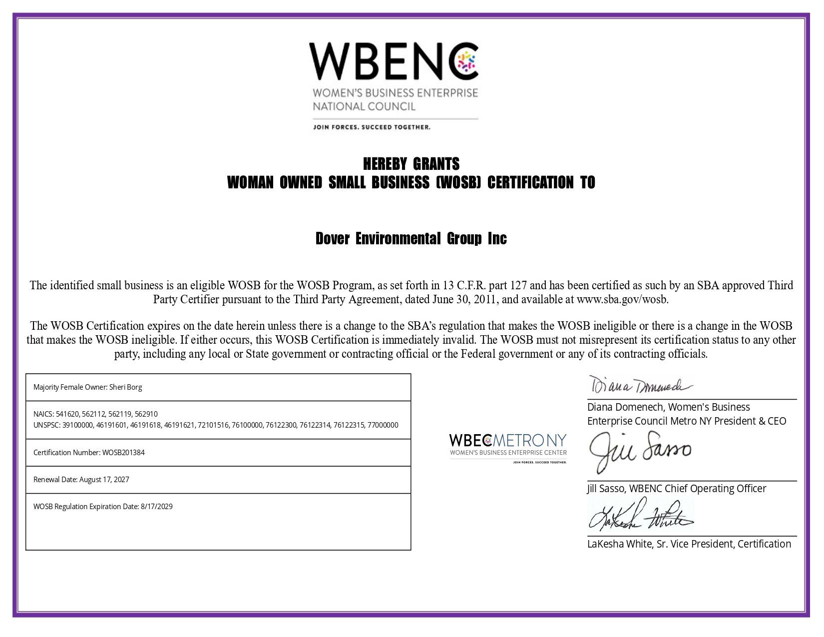 WBENC certification document on a white page with a purple border and signatures at the bottom
