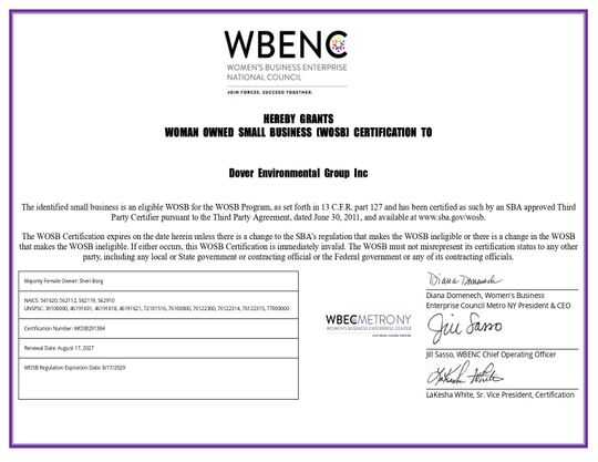 WBENC certification document on a white page with a purple border and signatures at the bottom