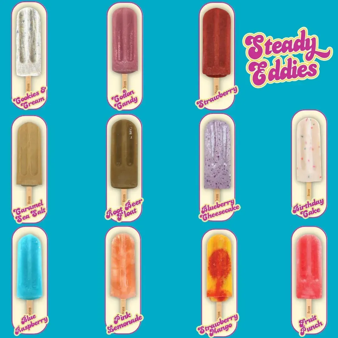 Assorted colorful Steady Eddies popsicle designs arranged in a 3x4 grid on a teal background