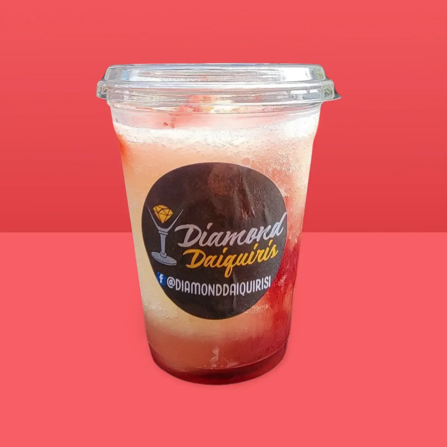 Clear plastic cup with iced pink drink and a black Diamond Daiquiris logo on a red background