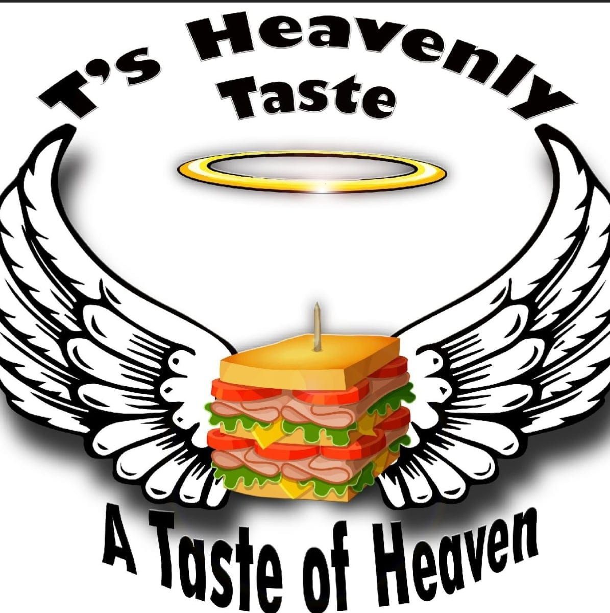Logo with winged sandwich and halo, reading “It’s Heavenly Taste” and “A Taste of Heaven”