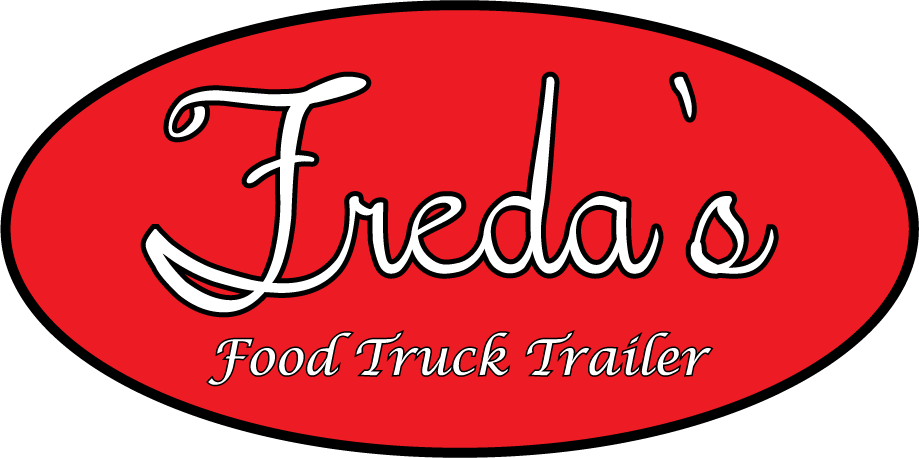 Red oval logo reading “Freda’s Food Truck Trailer” in white script and black text