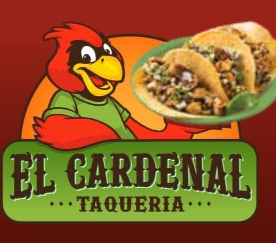 El Gardenal Taqueria logo with a red cardinal mascot holding a plate of tacos on an orange background
