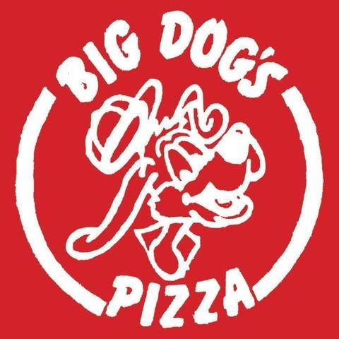 Big Dog's Pizza logo with a cartoon dog chef on a red background