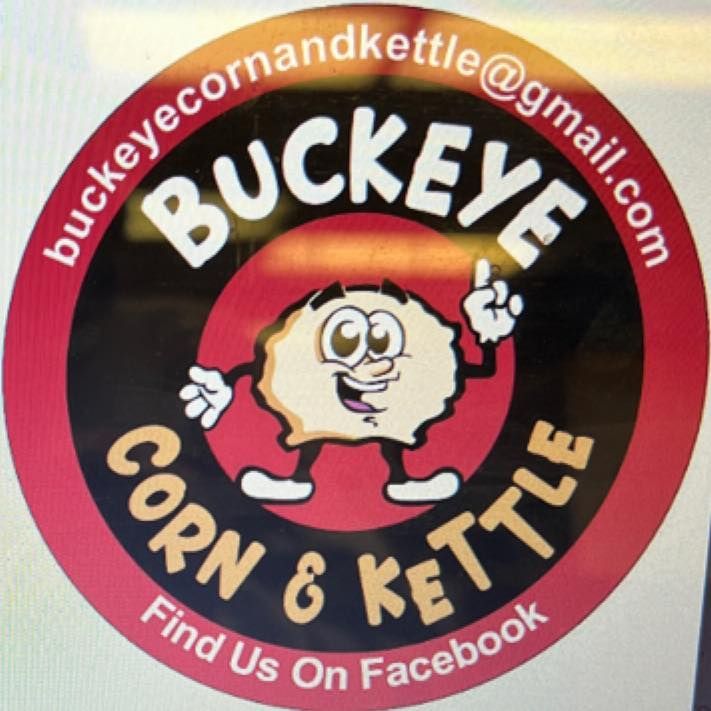 Buckeye Corn & Kettle logo with smiling cartoon buckeye character on red circle, Facebook and email text