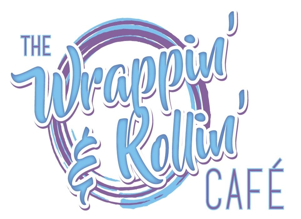 The Wrappin’ & Rollin’ Café logo in blue and purple script with a circular brushstroke design