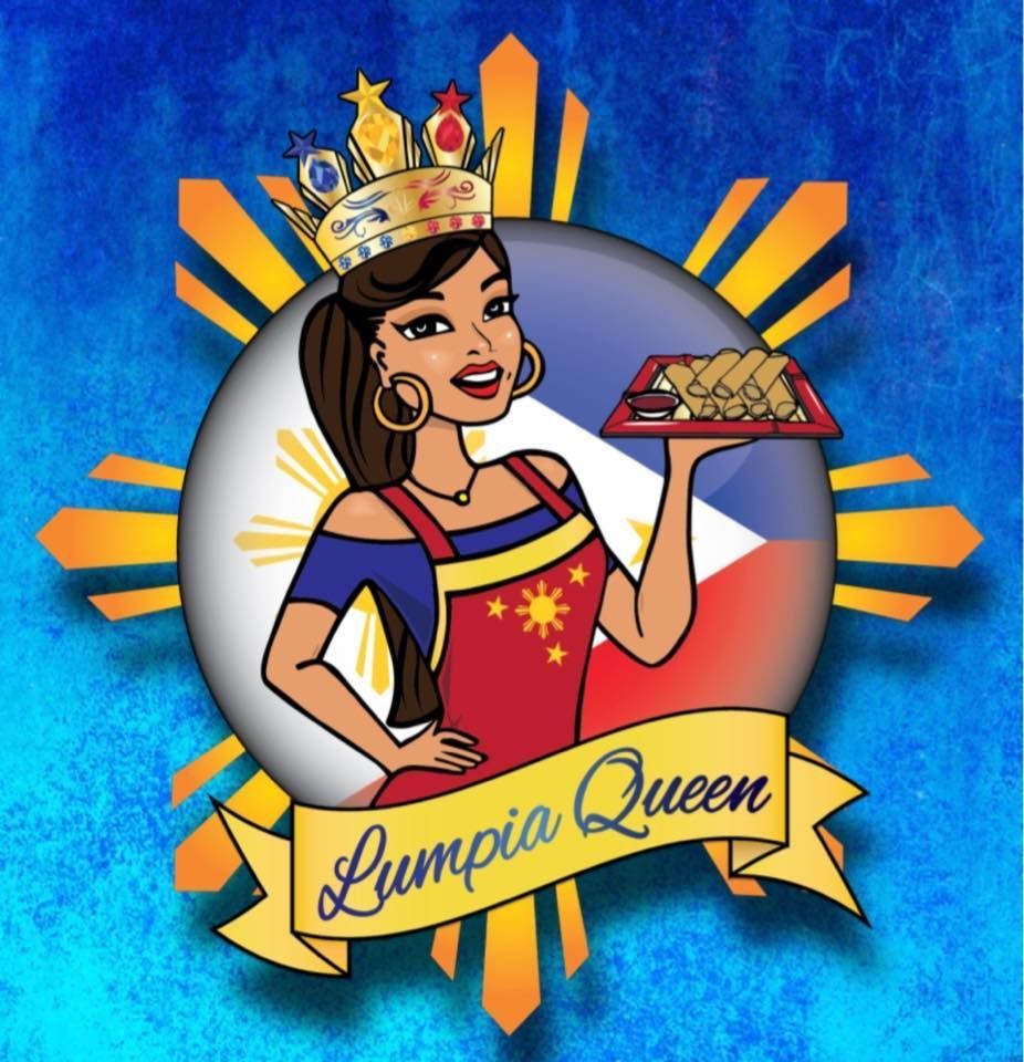 Cartoon logo of a crowned woman holding lumpia, with a “Lumpia Queen” banner over a Philippine flag background