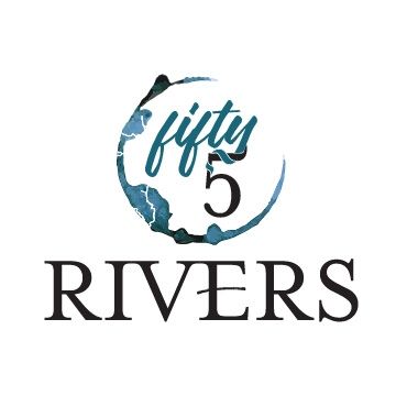 Fifty5 Rivers logo with teal circular brushstroke and black serif text on white background