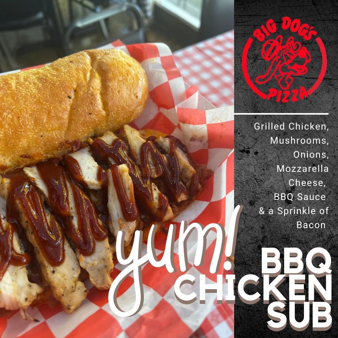 Barbecued chicken sub with mushrooms, onions, cheese and sauce on a checkered tray, with “yum!” text