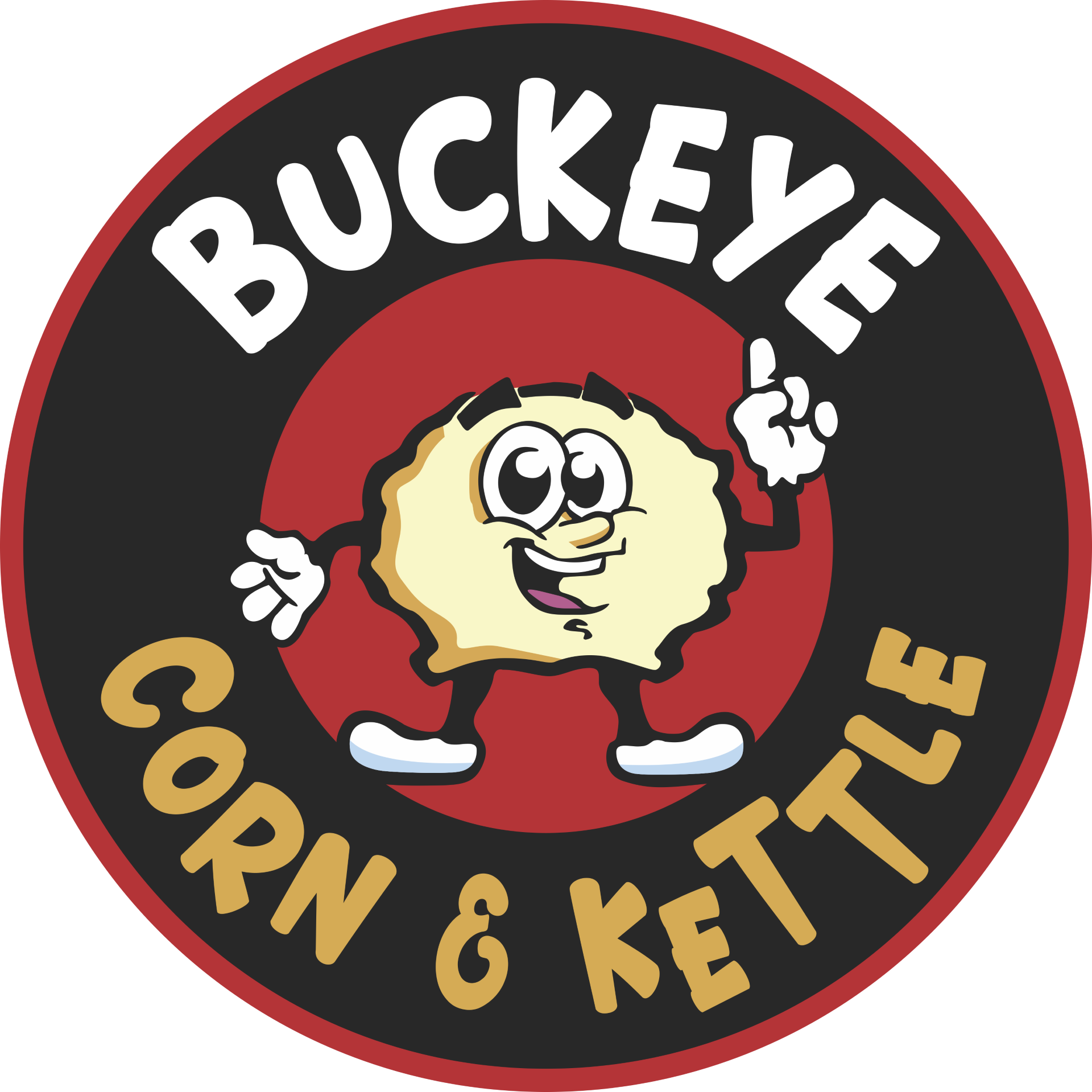 Buckeye Corn & Kettle logo with a smiling popcorn kernel on a red and black circular background