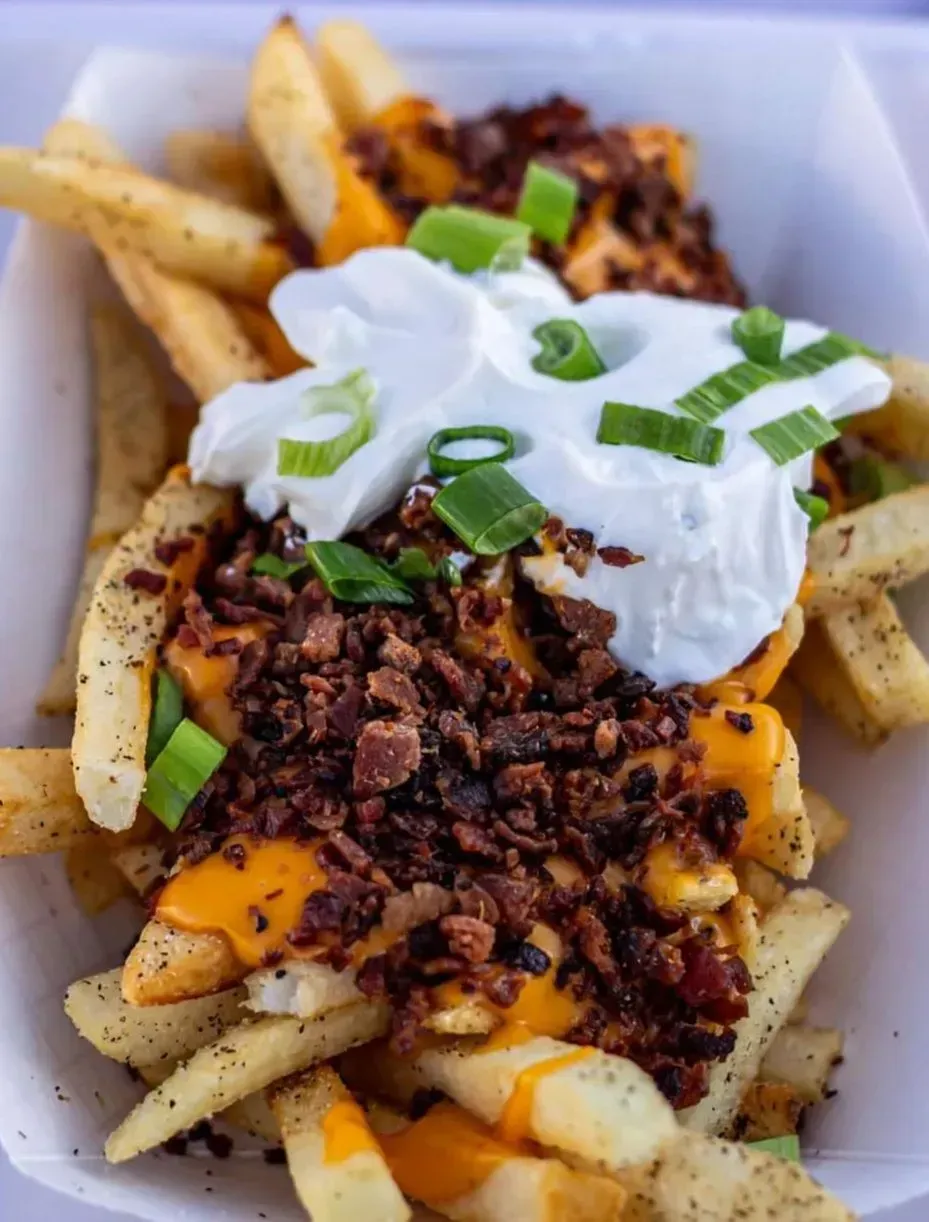 Loaded fries topped with melted cheese, chili, sour cream, and chopped green onions in a takeout box