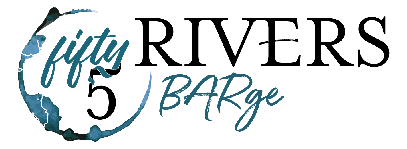 Logo reading “Fifty 5 Rivers Barge” in teal and black with a river silhouette.