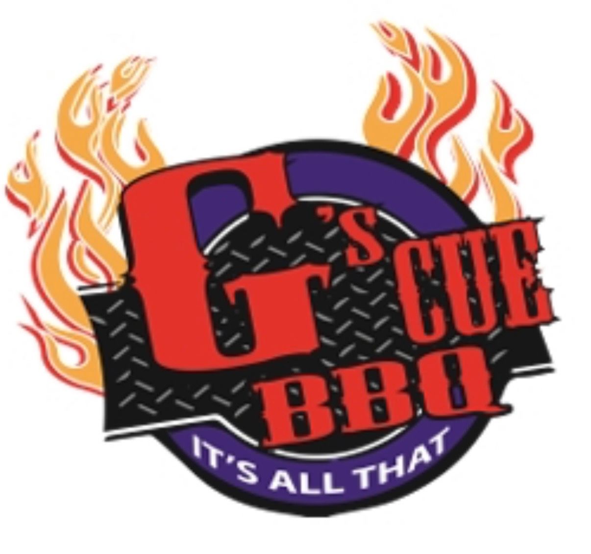 G's Cue BBQ logo with red and black lettering, flames, and purple banner reading “It’s all that”