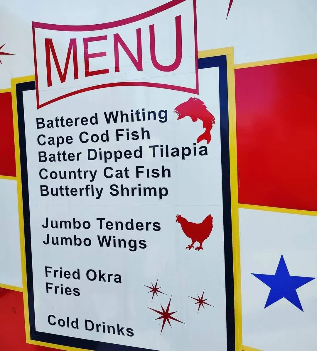 Restaurant menu board listing fried fish, shrimp, chicken, okra, fries, and cold drinks.