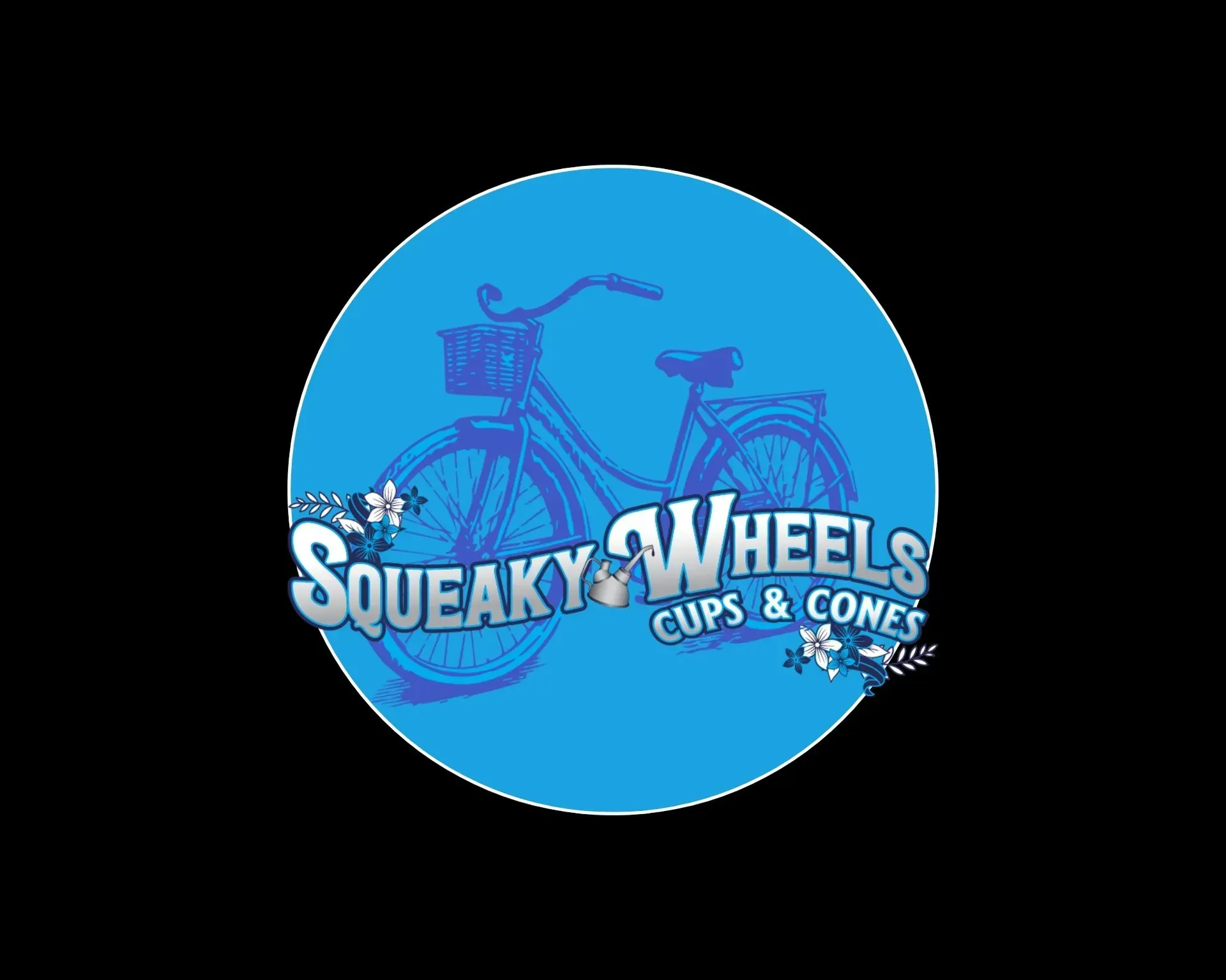 Squeaky Wheels Cups & Cones logo in white and blue on a turquoise circle with two scooter illustrations