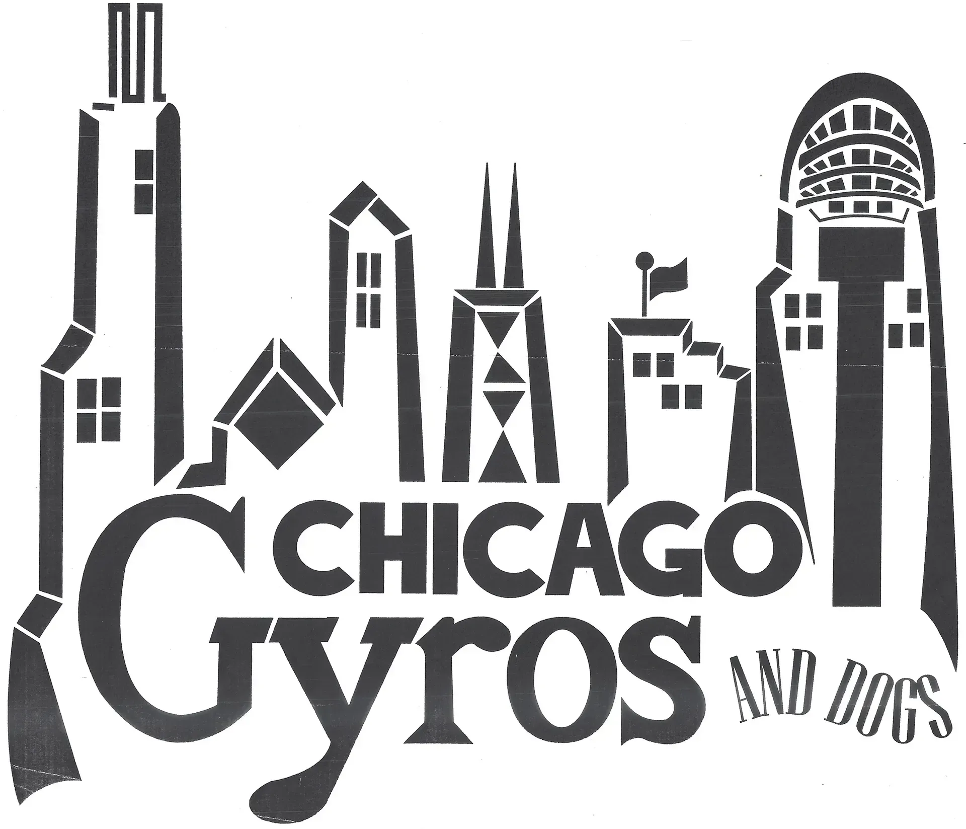 Chicago Gyros logo with city skyline silhouettes in black and gray