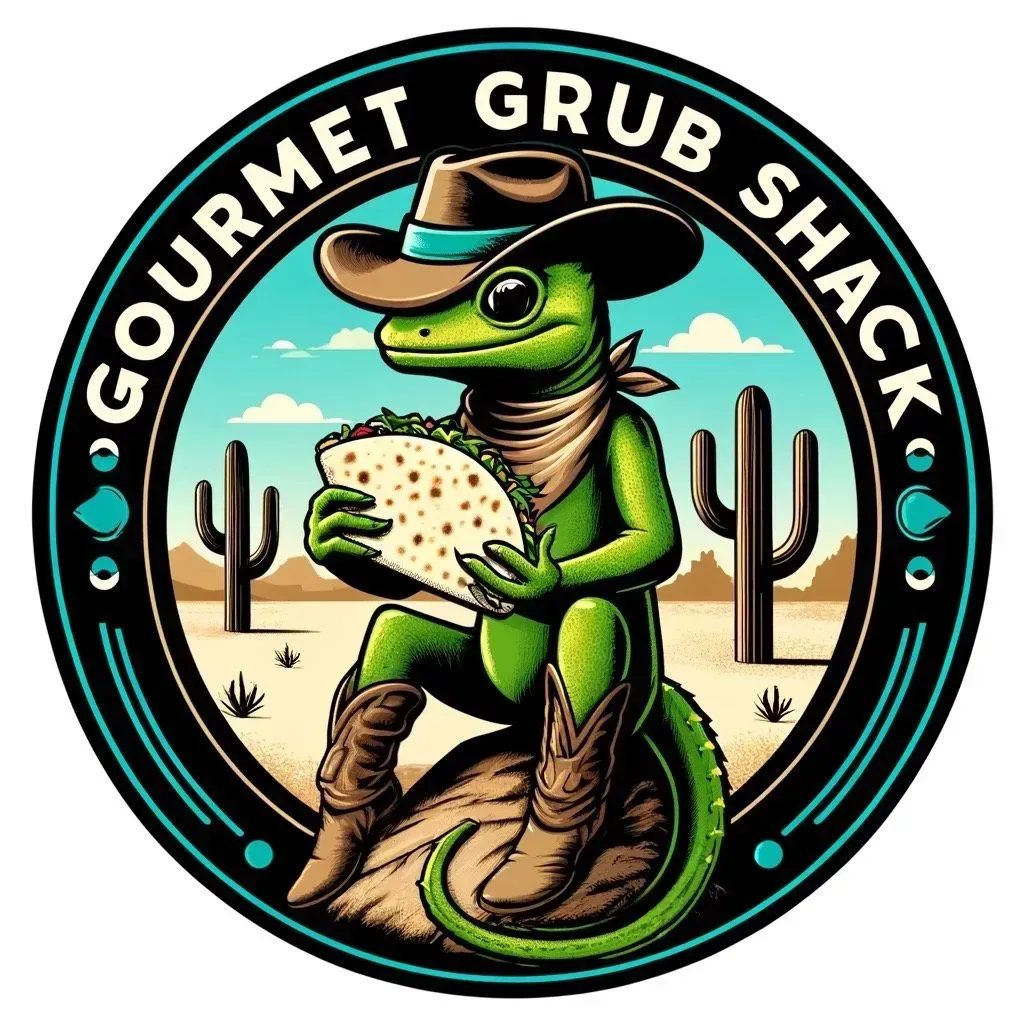 Gourmet Grub Shack logo: cowboy hat grinning green lizard holding a taco in a desert scene