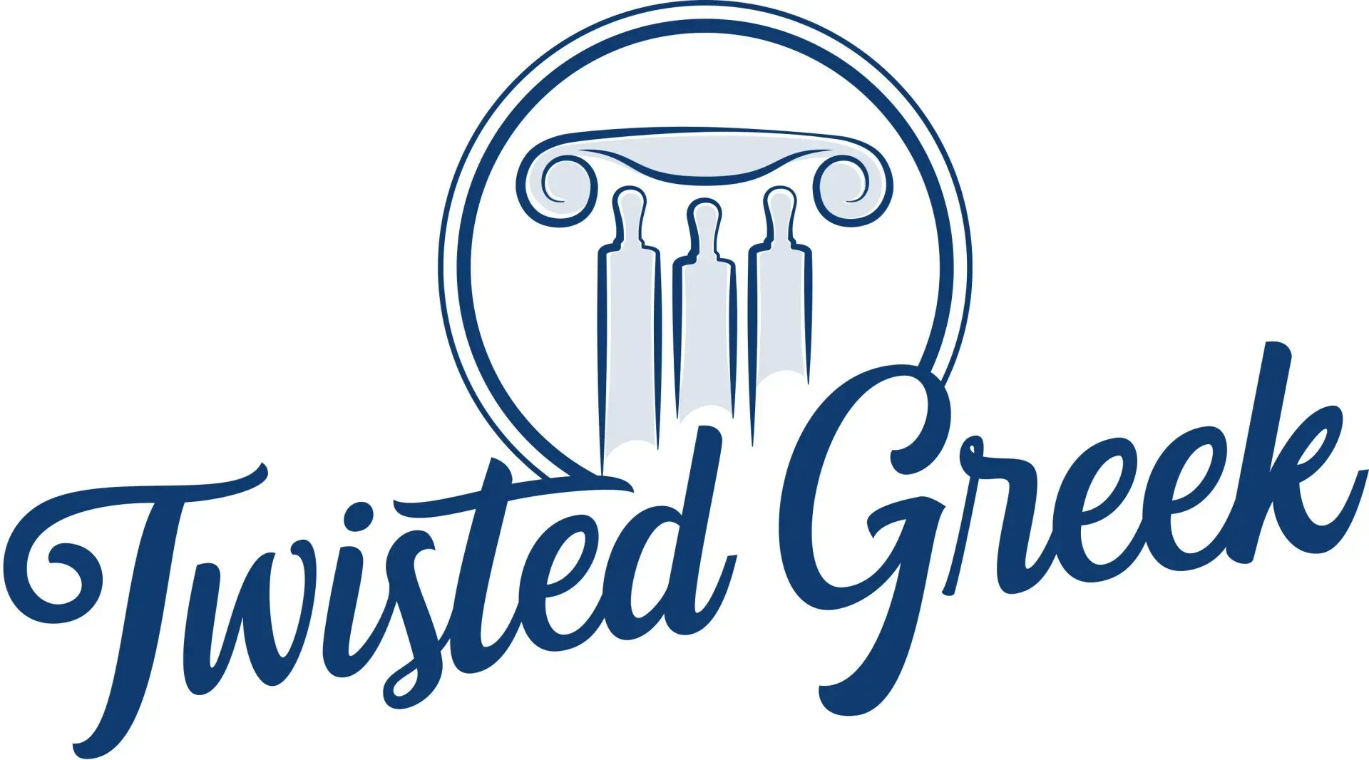 Twisted Greek logo with blue script text and a classical column emblem inside a circle