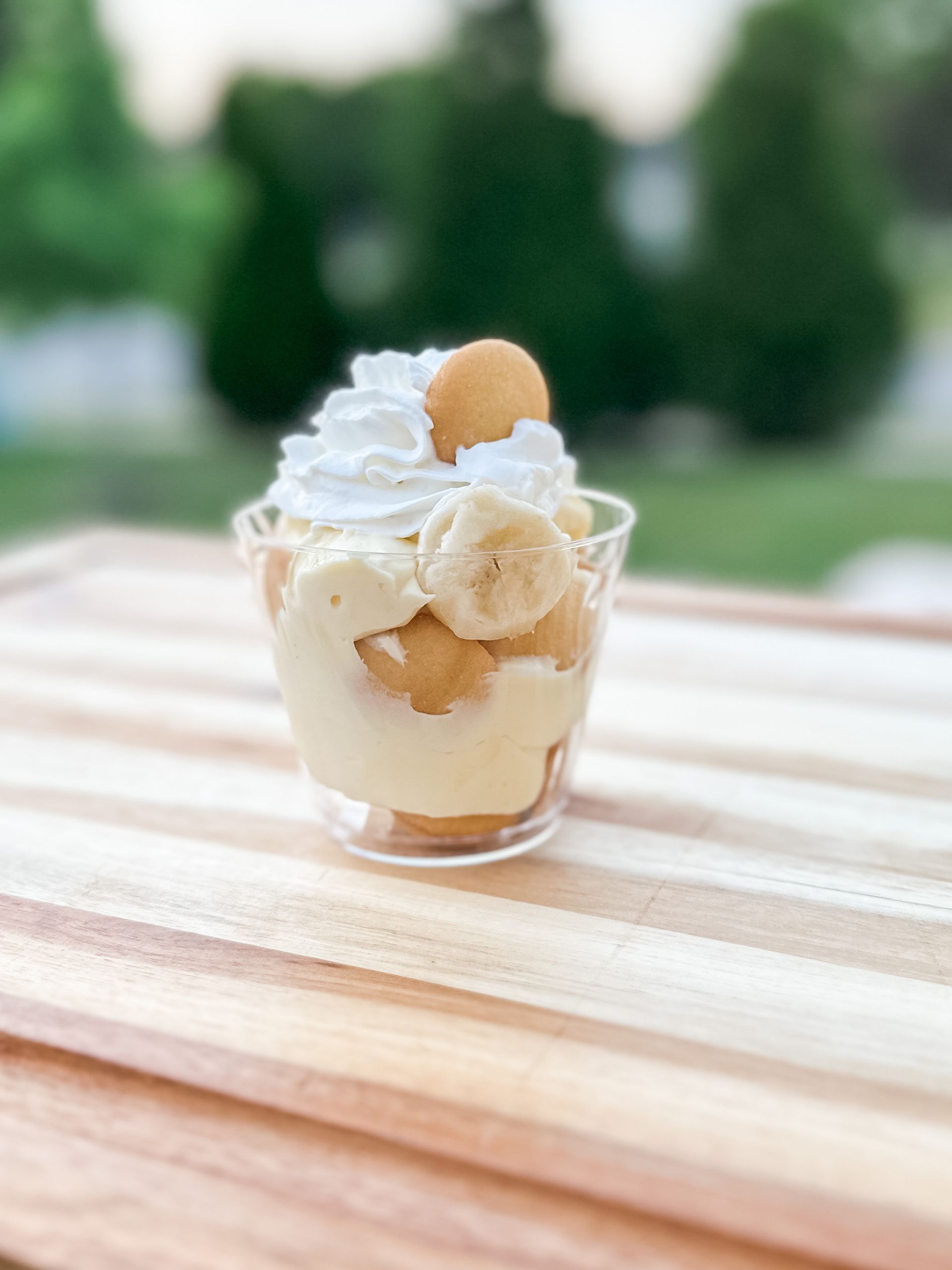 Vanilla dessert in a glass topped with whipped cream and cookies on a wooden table outdoors