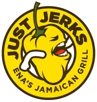 Yellow "Just Jerks" logo with a cartoon yellow pepper and text "Ena's Jamaican Grill"