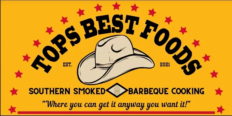 Tops Best Foods logo with cowboy hat, yellow background, and Southern smoked barbecue cooking text