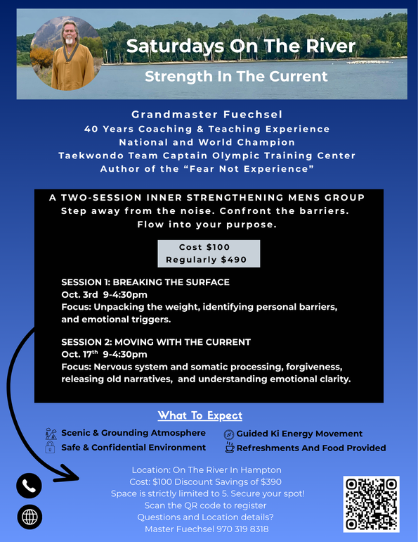 Blue river-themed event flyer for “Saturday’s On The River” with schedule, locations, and QR code.