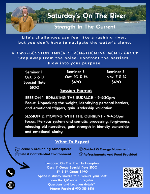 Blue river-themed event flyer for “Saturday’s On The River” with schedule, locations, and QR code.