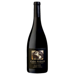 Bottle of Clos Pegase red wine with a dark label on a white background