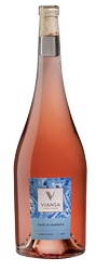 Rosé wine bottle with a blue label and silver cap on a white background