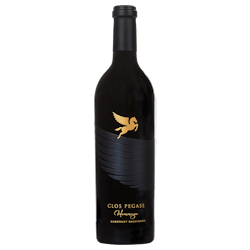 Black wine bottle labeled “Clos Pegase” with a gold Pegasus logo on a white background