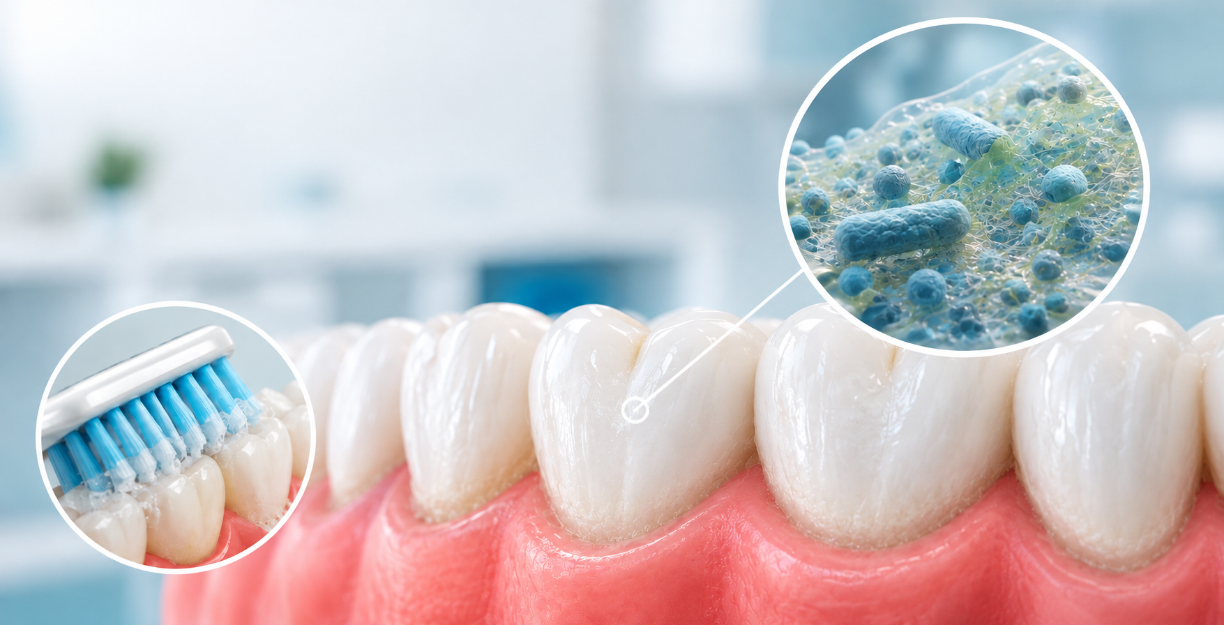 Poster about biofilm on teeth with toothbrush and close-up of dental plaque.