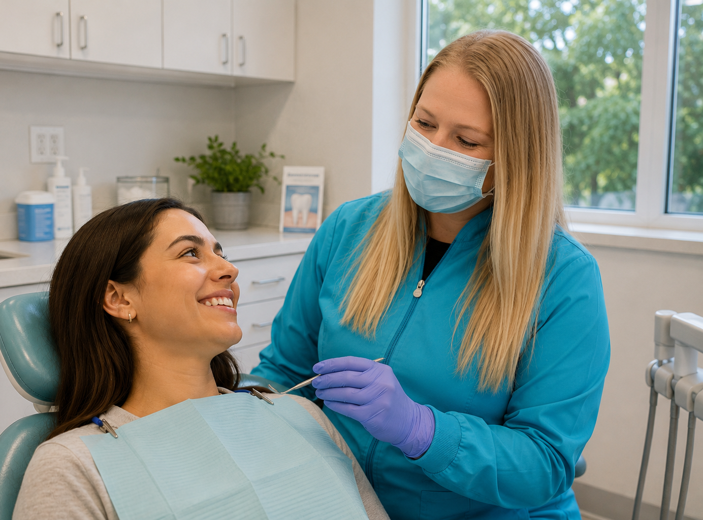 Dental hygienist examining a smiling patient in a bright clinic, wearing gloves and a face mask.