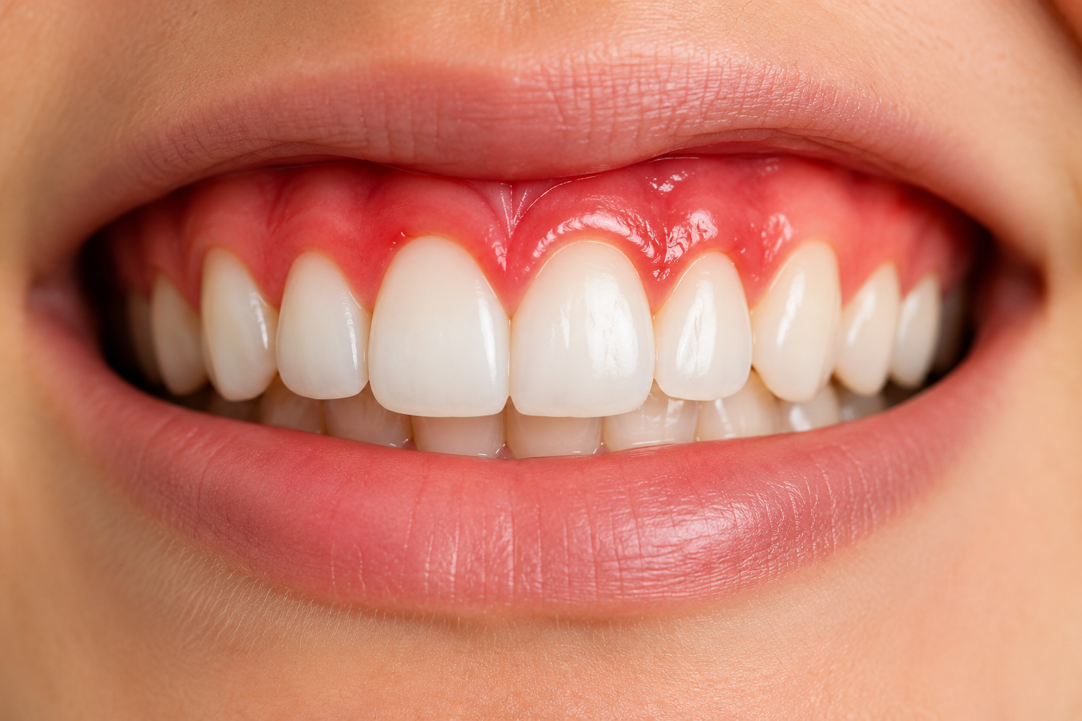 Close-up of a smiling mouth showing white teeth and dark pink inflamed gums