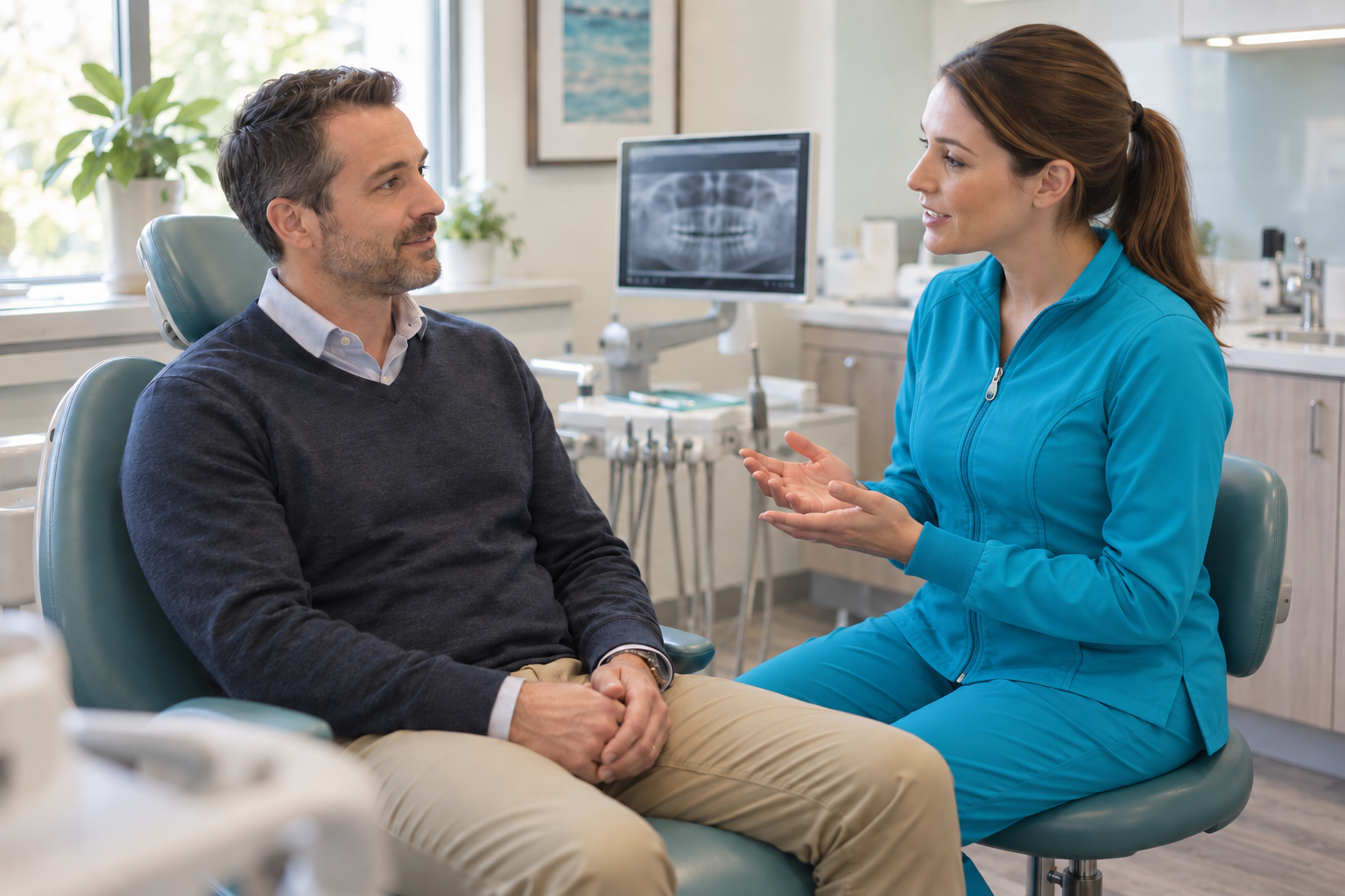 Doctor speaking with a seated patient in a bright clinic exam room