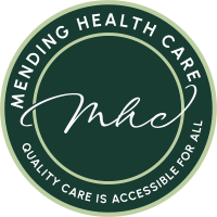 Dark green circular logo with "MENDING HEALTH CARE" around the top, "QUALITY CARE IS ACCESSIBLE FOR ALL" on the bottom, and "mhc" in cursive in the middle.