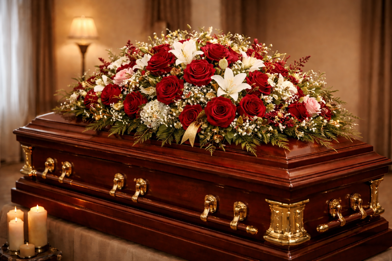 Wooden funeral casket with red and white floral spray, lit by candles in a dim chapel